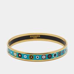 Pre Owned Hermes Multi Color Enamel Gold Tone Metal Bangle Bracelet