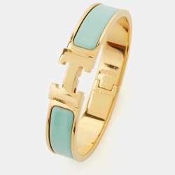 Pre Owned Hermès Clic H Blue Enamel Gold Tone Metal Narrow Bracelet