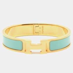 Pre Owned Hermès Clic H Blue Enamel Gold Tone Metal Narrow Bracelet