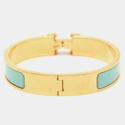 Pre Owned Hermès Clic H Blue Enamel Gold Tone Metal Narrow Bracelet