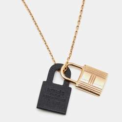 Pre Owned Hermès Rose Gold Tone Black Leather O'Kelly Pendant Necklace
