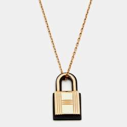 Pre Owned Hermès Rose Gold Tone Black Leather O'Kelly Pendant Necklace
