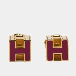Pre Owned Hermès Cage d'H Gold Plated Pink Lacquer Stud Earrings