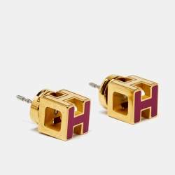 Pre Owned Hermès Cage d'H Gold Plated Pink Lacquer Stud Earrings