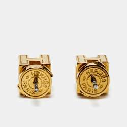 Pre Owned Hermès Cage d'H Gold Plated Pink Lacquer Stud Earrings