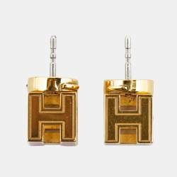 Pre Owned Hermès Cage d'H Gold Plated Pink Lacquer Stud Earrings