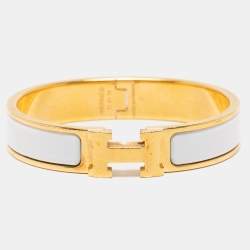 Pre Owned Hermès Clic H White Enamel Gold Plated Narrow Bracelet