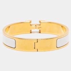 Pre Owned Hermès Clic H White Enamel Gold Plated Narrow Bracelet