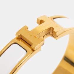 Pre Owned Hermès Clic H White Enamel Gold Plated Narrow Bracelet