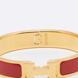 Pre Owned Hermes Clic H Red Enamel Gold Plated Narrow Bracelet