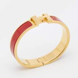 Pre Owned Hermes Clic H Red Enamel Gold Plated Narrow Bracelet
