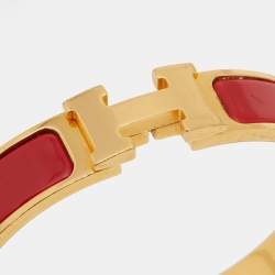 Pre Owned Hermes Clic H Red Enamel Gold Plated Narrow Bracelet