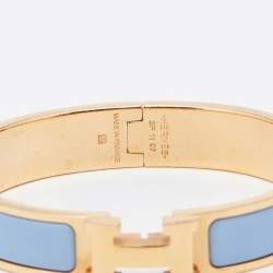Pre Owned Hermes Clic H Blue Enamel Gold Plated Narrow Bracelet