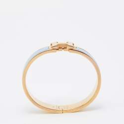 Pre Owned Hermes Clic H Blue Enamel Gold Plated Narrow Bracelet