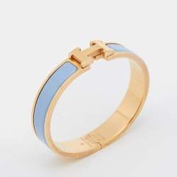 Pre Owned Hermes Clic H Blue Enamel Gold Plated Narrow Bracelet