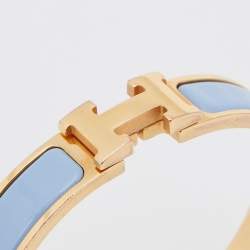 Pre Owned Hermes Clic H Blue Enamel Gold Plated Narrow Bracelet