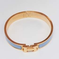 Pre Owned Hermes Clic H Blue Enamel Gold Plated Narrow Bracelet