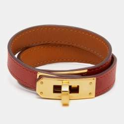 Pre Owned Hermes Brown Leather Gold Plated Kelly Double Tour Bracelet