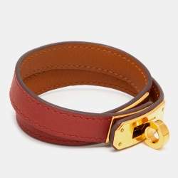 Pre Owned Hermes Brown Leather Gold Plated Kelly Double Tour Bracelet