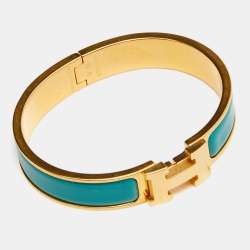 Pre Owned Hermes Clic H Turquoise Enamel Gold Plated Bracelet