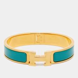 Pre Owned Hermes Clic H Turquoise Enamel Gold Plated Bracelet