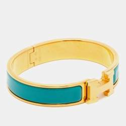 Pre Owned Hermes Clic H Turquoise Enamel Gold Plated Bracelet