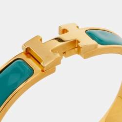 Pre Owned Hermes Clic H Turquoise Enamel Gold Plated Bracelet