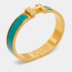 Pre Owned Hermes Clic H Turquoise Enamel Gold Plated Bracelet