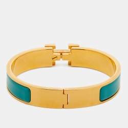 Pre Owned Hermes Clic H Turquoise Enamel Gold Plated Bracelet