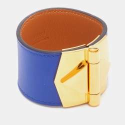 Pre Owned Hermès Deep Blue Leather Gold Plated Bérénice Cuir Wrap Bracelet M