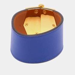 Pre Owned Hermès Deep Blue Leather Gold Plated Bérénice Cuir Wrap Bracelet M