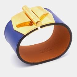 Pre Owned Hermès Deep Blue Leather Gold Plated Bérénice Cuir Wrap Bracelet M
