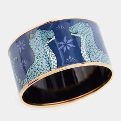 Pre Owned Hermès Blue Les Leopards Gold Plated Wide Bangle Bracelet
