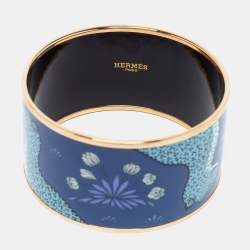 Pre Owned Hermès Blue Les Leopards Gold Plated Wide Bangle Bracelet