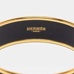 Pre Owned Hermes Caleche Black Enamel Gold Plated Wide Bangle Bracelet