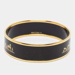 Pre Owned Hermes Caleche Black Enamel Gold Plated Wide Bangle Bracelet
