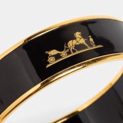 Pre Owned Hermes Caleche Black Enamel Gold Plated Wide Bangle Bracelet