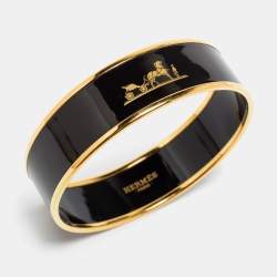 Pre Owned Hermes Caleche Black Enamel Gold Plated Wide Bangle Bracelet
