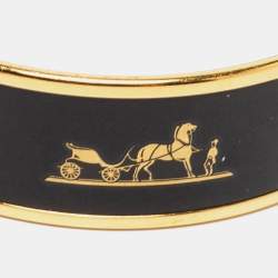Pre Owned Hermes Caleche Black Enamel Gold Plated Wide Bangle Bracelet