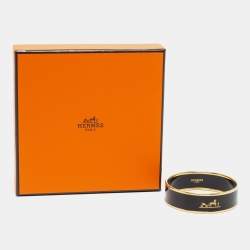 Pre Owned Hermes Caleche Black Enamel Gold Plated Wide Bangle Bracelet