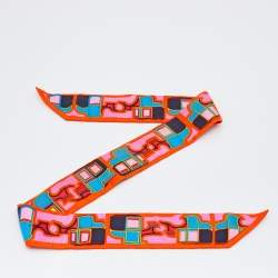 Pre Owned Hermès Orange Wagon Print Silk Twilly