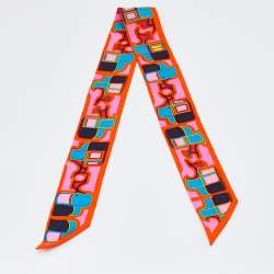 Pre Owned Hermès Orange Wagon Print Silk Twilly