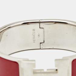 Pre Owned Hermès Clic Clac H Red Enamel Palladium Plated Wide Bracelet