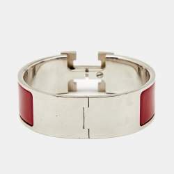 Pre Owned Hermès Clic Clac H Red Enamel Palladium Plated Wide Bracelet