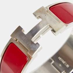 Pre Owned Hermès Clic Clac H Red Enamel Palladium Plated Wide Bracelet