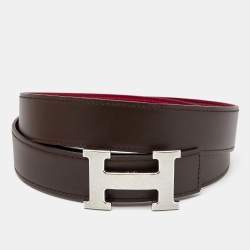 Pre Owned Hermes Chocolat/Tosca Swift and Evergrain Leather H Buckle Reversible Belt 95 CM