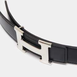 Pre Owned Hermes Black/Chocolat Chamonix and Togo Leather H Buckle Reversible Belt 85 CM