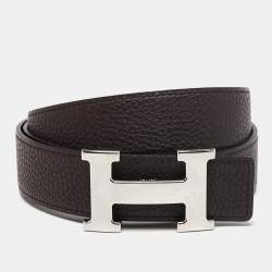 Pre Owned Hermes Black/Chocolat Chamonix and Togo Leather H Buckle Reversible Belt 85 CM