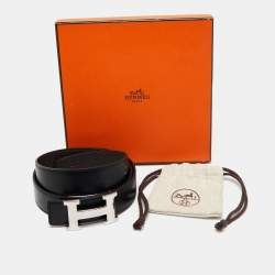 Pre Owned Hermes Black/Chocolat Chamonix and Togo Leather H Buckle Reversible Belt 85 CM