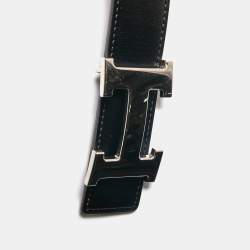 Pre Owned Hermes Black/Chocolat Chamonix and Togo Leather H Buckle Reversible Belt 85 CM
